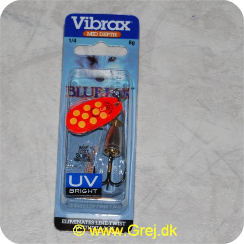 027752113420 - Vibrax str. 3 - 8g - Mid Depth - UV Bright - Rød blad med gule pletter - sølv krop