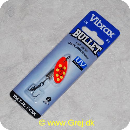 027752124013 - Bluefox Vibrax Bullet UV str. 2 - 8 gram - Orange m/ gule pletter - Sølvklokke - VMC krog - Langkastende