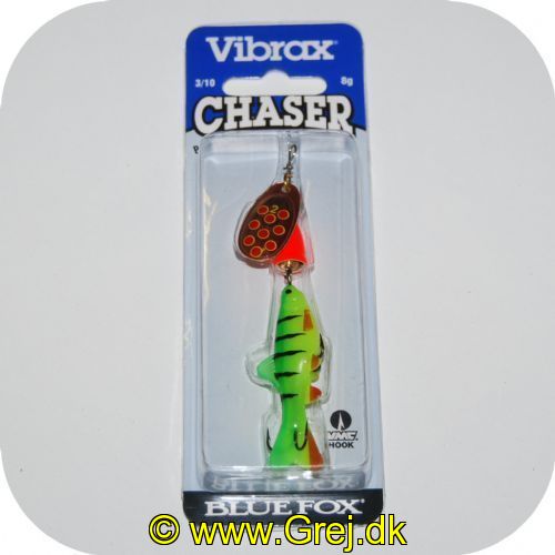 027752135774 - Vibrax Chaser - 8g - Kobber farvet spinneblad med røde prikker og firetiger farvet fisk efter.
