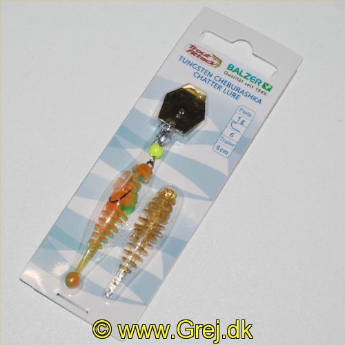 4005652844411 - Trout Collector, gummi chatter lure - Vægt:2.15g. - Farve:Guld - 001 6096 100<br>This bait has it all: We combine the advantages collectors of Cheburashka and Chatter lure. The metal plate provides a high water resistance when retrieving. Since the plate is mounted so that it can move, it swings from left to right with high frequency and really shakes the lure along with the Trout Collector. At the same time, the soft lure has maximum freedom of movement as the hook can move freely. The lure with the golden plate is used in murky water, the one with the titanium-coloured plate in clear water.
Comes with 2 Trout Collectors! The tungsten beads are available in 4 different weights.