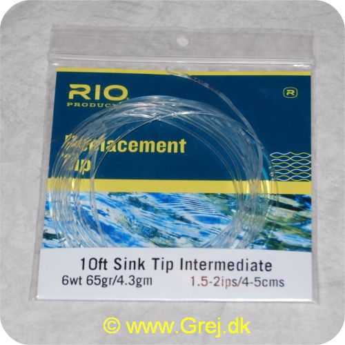 730884201766 - Rio Intermediate Sink Tip - Hovedlængde: 3m -line klasse: 6wt - Vægt: 4,2g - Synkerate: 3,81-5,08cm/s - Klar/klar loop - RP20176