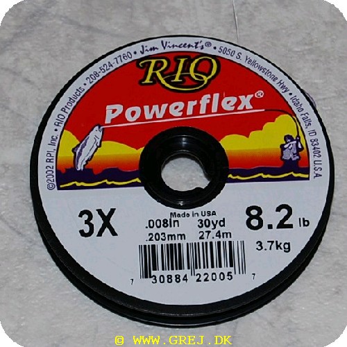 730884220057 - Rio Powerflex Tippet Forfang - 3X - 3.7kg - 27.4mEt stærkt monofil forfang. brud og knudestyrke er høj. det er elastiskPraktisk med spoler som kan sidde sammen og elastik som holder forfanget på plads. med tykkelse og brudstyrke angivet. RP22005

