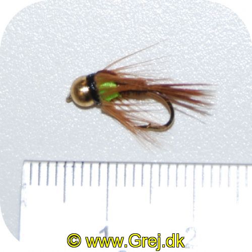 GU0005 - Enkeltkrog - Str. 12 - grøn / brun krop - goldhead - brunt hackel og brun hale