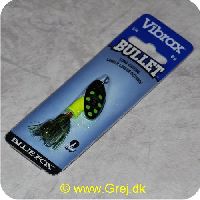 027752114236 - Vibrax Bullet Fly str. 2 - 8g - Sort blad m/grønne pletter - Gul  klokke