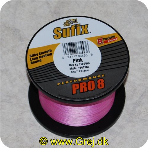 024777685536 - Sufix Pink fletline - Silky Smooth Long Casting Round (Den nye Sufix fletline tyndere og stærkere) - 0.18mm/13.5kg - 1.50 kr pr meter - Vælg antal meter
