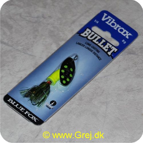 027752114236 - Vibrax Bullet Fly str. 2 - 8 gram - Sort blad m/grønne pletter - Sort/grøn hår - Gul messing klokke - VMC trekrog - Langkastende