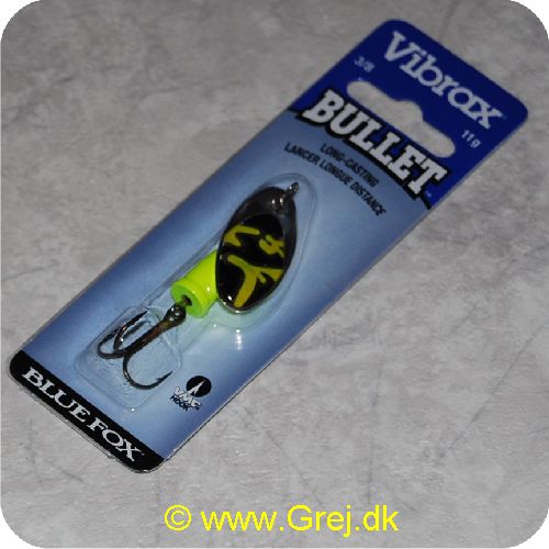 027752116094 - Vibrax Bullet str. 3 -11g - Sølv med sort/gule aftegninger - Gul messing klokke - VMC trekrog - Langkastende