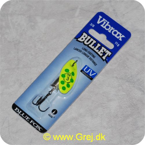 027752124099 - Bluefox Vibrax Bullet UV str. 3 - 11 gram - Gul m/ grønne pletter - Sølvklokke - VMC krog - Langkastende