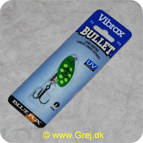 027752124129 - Bluefox Vibrax Bullet UV str. 4 - 14 gram - Grøn m/ gule pletter - Sølvklokke - VMC krog - Langkastende