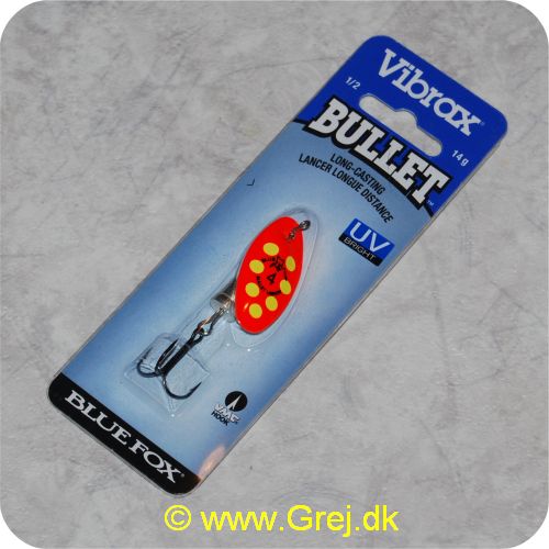 027752124136 - Bluefox Vibrax Bullet UV str. 4 - 14 gram - Orange m/ gule pletter - Sølvklokke - VMC krog - Langkastende