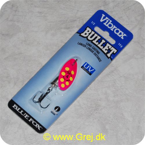 027752124150 - Bluefox Vibrax Bullet UV str. 4 - 14 gram - Pink m/ gule pletter - Sølvklokke - VMC krog - Langkastende