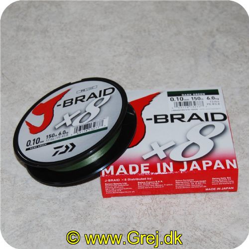 043178132777 - J-Braid X8 Dark Green fletline 0.10mm - Brudstyrke: 13lbs/5.9kgs 150 meter Mørk grøn  Made in Japan