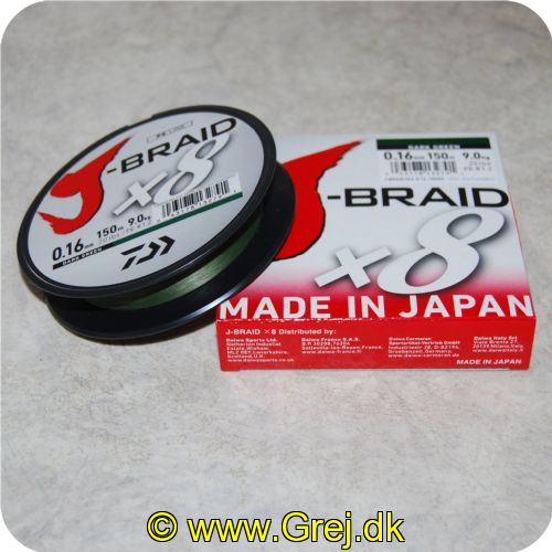 043178132791 - J-Braid X8 Dark Green fletline 0.16 mm - Brudstyrke: 20lbs/9.1kgs 150 meter Mørk grøn  Made in Japan