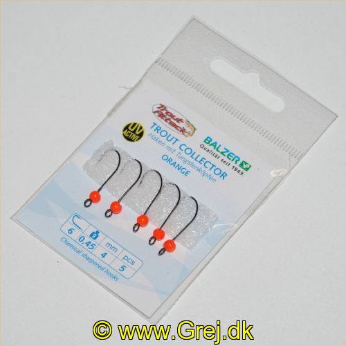 4005652819280 - Trout Collector, krog med tungstenshoved - Vægt:0.45g. - Farve:Orange - 001 6062 045<br>Very sharp hooks with extra large eye and wide bend. Due to the extra large diameter of the eye, the hook can move freely even when using a snap. The extra large bend stands out in good distance to the bait and ensures a top rate of hooked fish.