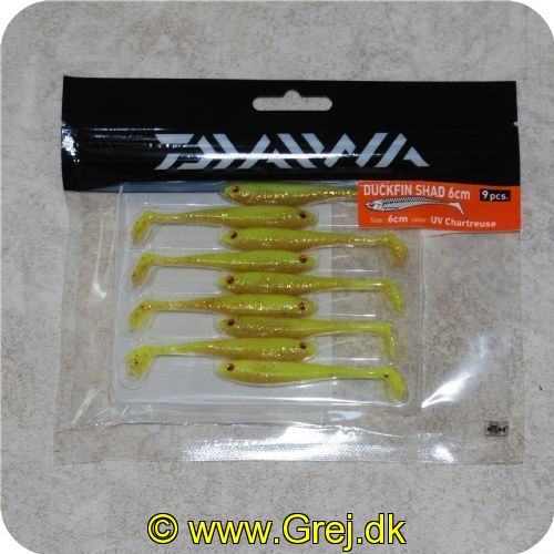 4027093491160 - Daiwa Duckfin Shad 6cm - 9 stk - UV Chartreuse - gule - De japanske Duckfin shads har en stærk rullende og svingende aktion selv ved langsom indspinning
