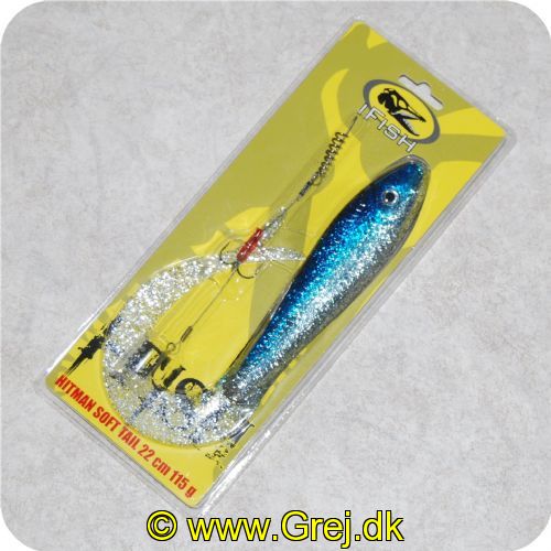 7320733215001 - IFISH The Hitman Soft Tail 22cm - 115gram er især god til geddefiskere - Leveres med 2 trekroge på stålforfang med skrue til at skrue ind gennem munden på fisken
