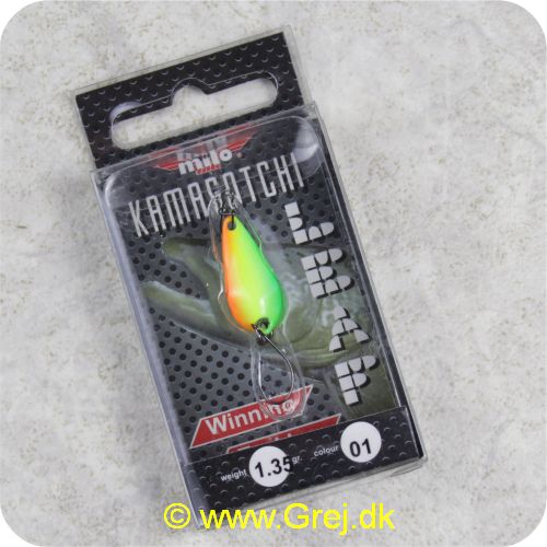 758LF0013B1 - Milo Kamagotchi Leaf - Grøn/gul/orange Skeblink 1.35g - monteret med Carbon enkeltkrog