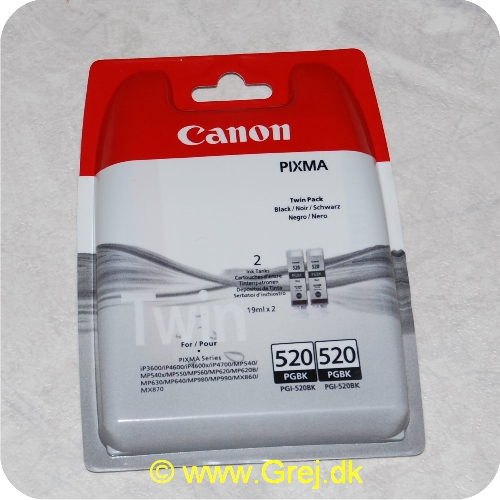 8714574564333 - Canon Pixma sampak - 2 stk. PGI-520BK indeholder:<br>
2 stk PGI-520BK Sorte blæk patroner<br>
<br>
Som passer til de fleste Canon Pixma printer