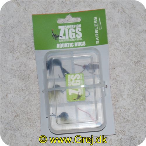 FLUEBUGS1 - Zigs Håndlavede Aquatic Bugs - 6 forskellige vandinsekter og biller i æske<BR>
Disse fluer er modhageløse og kan derfor også bruges i de danske å løb.
