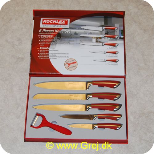 KOCHLEX - Kochlex kniv sæt til køkkenet med gratis skræller. - Høj kvalitet.<BR>
<LI>Brødkniv på 8 tomme</LI>
<LI>Kogekniv på 8 tomme</LI>
<LI>Skærekniv på 8 tomme</LI>
<LI>Allround kniv 5 tomme</LI>
<LI>3.5 tomme skrællekniv</LI>
<LI>Skræller</LI>