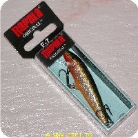 022677094823 - Rapala original<LI>Org. navn Redfin Spotted Minnow<LI>Farve - Grøn/Sølv/Orange med sorte prikker<LI>Arbejdsdybde 0 - 2.3 meter<LI>Længde 7 cm - Vægt 4 gram