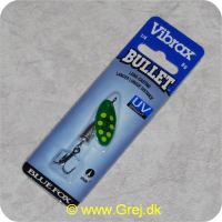 027752124006 - Bluefox Vibrax Bullet UV str. 2 - 8 gram - Grøn m/ gule pletter - Sølvklokke
