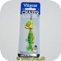 027752135781 - Vibrax Chaser - 8g - Gul spinneblad med rød midte og sorte streger og firetiger farvet fisk efter.