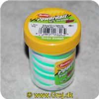 028632163184 - PowerBait med glimmer - GREEN / WHITE - GLOW 42% stærkere
Billedet nr.2 er taget med UV-lygte.