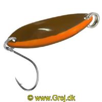 4250203344845 - FTM Fishing Tackle Max Skeblink Tango 1.8g -  Olive brun med orange kant og Olive brun bag side<BR>
<BR>FTM FTM Fishing Tackle Max Skeblink Tango er en mini skeblink for UL fiskeriet som er meget voksende i disse år efter alle ørred arter.