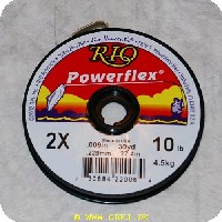 730884220064 - Rio Powerflex Tippet Forfang - 2X - 4.5kg - 27.4mEt stærkt monofil forfang. brud og knudestyrke er høj. det er elastiskPraktisk med spoler som kan sidde sammen og elastik som holder forfanget på plads. med tykkelse og brudstyrke angivet.