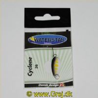 747191998036 - Waterstar - Cyclone - 2 gram - Forside: hvid og sort m/gule pletter - Bagside: Sort