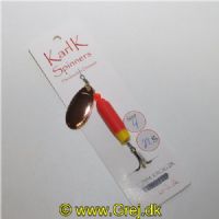 895112422 - Karl K Spinners Compact - Skjern Å/Gudenå - 22g - Str. 4 - Rød/Gul gummi og Kobber blad - Kort