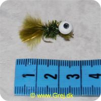 F008 - Dolly m/sorte øjenprikker - Olivengrøn m/glimmer (Flue med hvide skumøjn)