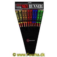 J5 - Sky Runners 10 raketter

Store cylinder raketter
5 forskellige effekter
Store brag med flotte effekter

