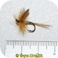 UF0061 - Enkeltkrog tørflue- Str. 12 - lyskrop med guldt hackel og hvid vinger og brun hale 
(se billede)