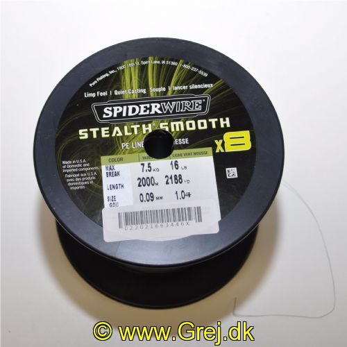 022021663446X - SpiderWIRE Stealth Smooth - Fletline X8 0,09 mm - 7,5 kg - Moss Green - Pris pr. meter - Vælg meter