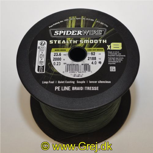 022021663491 - SpiderWIRE Stealth Smooth - Fletline X8 0,23 mm - 23,6 kg - Moss Green - Pris pr. meter - Vælg meter