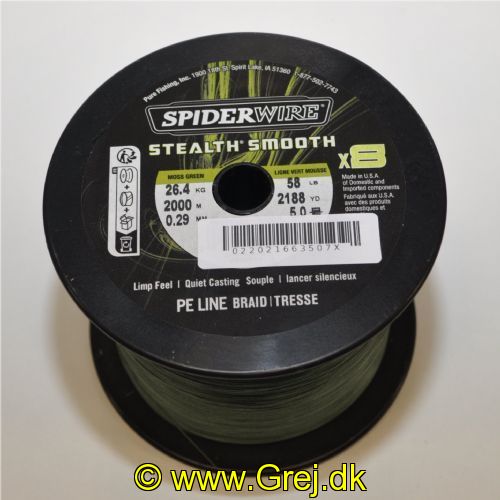 022021663507X - SpiderWIRE Stealth Smooth - Fletline X8 0,29 mm - 26,4 kg - Moss Green - Pris pr. meter - Vælg meter
