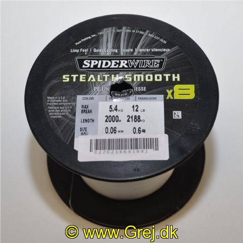 0220216641841 - Spiderwire Stealth Smooth X8 Invisi Braid - 0.06mm - 5,4 kg - Vælg antal meter du ønsker - Fletline med imponerende brudstyrke og en perfekt kontakt til agnen. Linen er flettet ekstremt hårdt. hvilket gør den nemmere at styre på hjulet. Den tynde fletline er desuden helt hvid med meget lidt refleks fra sollyset og derved meget lidt synlig under vand.