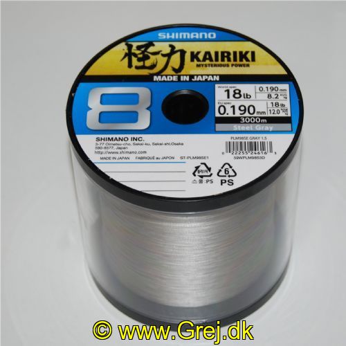 022255246163 - Shimano Kairiki SX8 0.19mm - Farve: Steel Grey - Brudstyrke:12kg<BR>
Dette er en glat og støjfri line som er virkelig god til UL fiskeriet.<BR>
Vælg antal meter