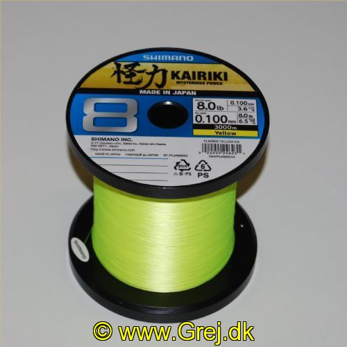 022255246231 - Shimano Kairiki SX8 0,10 mm - Brudstyrke: 6,5 kg. - Farve: Gul<BR>
Dette er en glat og støjfri line som er virkelig god til UL fiskeriet.<BR>
Vælg antal meter