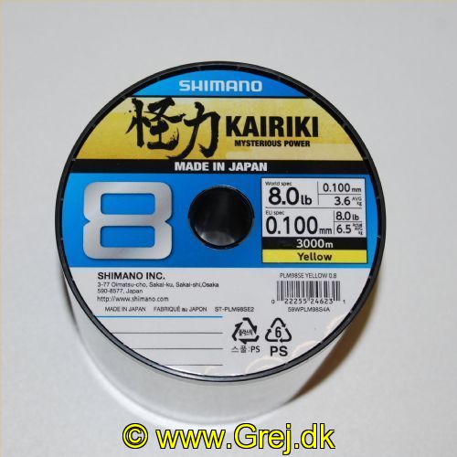 022255246231 - Shimano Kairiki SX8 0,10 mm - Brudstyrke: 6,5 kg. - Farve: Gul<BR>
Dette er en glat og støjfri line som er virkelig god til UL fiskeriet.<BR>
Vælg antal meter