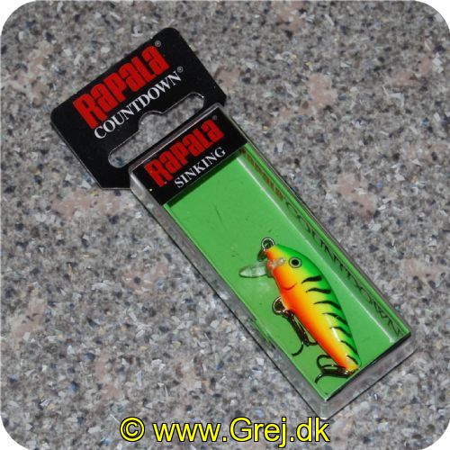 022677001852 - Rapala CountDown CD-3 CD03FT FireTiger
- Grøn/gul/orange med sorte stiber - synker ca 30 cm i sekundet - Arbejdsdybde: 0.6-0.9 meter - CD03FT 