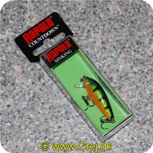 022677001890 - Rapala CountDown CD-3 CD03P Perch
- Sort/Grøn/gul/orange med sorte stiber - synker ca 30 cm i sekundet - Arbejdsdybde: 0.6-0.9 meter - CD03P