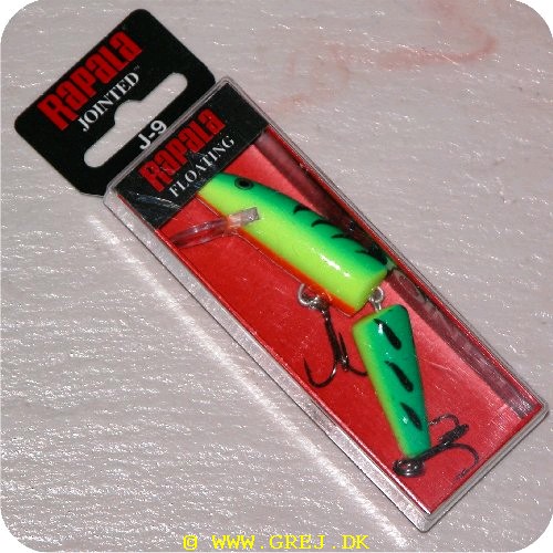 022677003351 - Led delt wobler fra Rapala<LI>Org. navn - Firetiger<LI>Farve - Grøn/Gul/Orange med Tiger striber<LI>Arbejdsdybde 0.9 - 2.7 meter<LI>Længde 9 cm - vægt 7 gram - JO9 FT