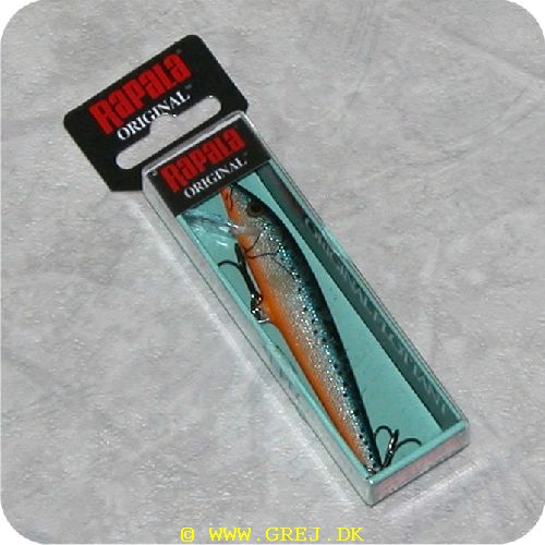 022677094892 - Rapala orginal<LI>Org. navn Blue Spotted Minnow<LI>Farve - Mørkeblå/sølv/orange med sorte prikker<LI>Arbejdsdybde 0 - 2.3 meter<LI>Længde 9 cm - Vægt 5 gram