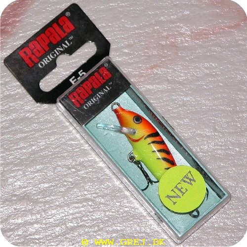 022677137049 - Rapala Original<LI>Org. navn Hot Tiger<LI>Farve - Orange/Gul/Hvid med Tiger striber<LI>Arbejdsdybde 0 - 2.3 meter<LI>Længde 5 cm - Vægt 3 gram