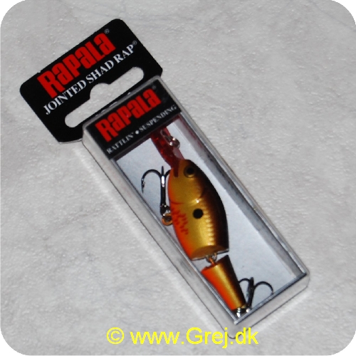 022677155784 - Rapala Jointed  Shad Rap - Rattlin - Suspending - Bleed.Copper Flash - 4cm/5g - Arbejdsdybde:1.2-1.8m - Leddelt krop der giver en livlig gang - Monteret med VMC trekroge - Brun/guld/orange