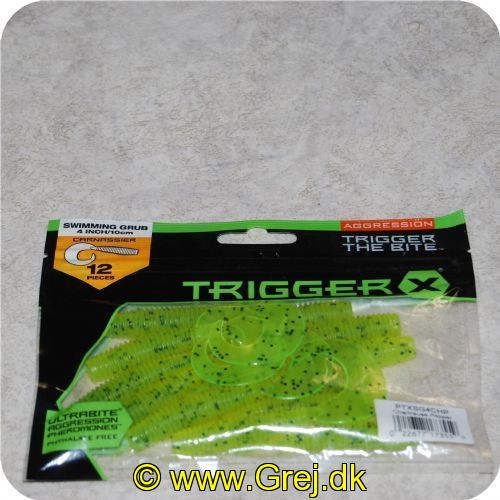 022677173559 - Trigger X Carnassier 10cm - Swimming Grub - Chartreuse Pepper inhold 12stk- PTXSG4CHP
<BR>
<BR>
Trigger X Frog er et hit til fiskeri med sine bevægelse i fuld fart.<BR>
<BR>
Den langstrakte krop og hale giver den afgørende balance. der skal til for at give bid. Mens vægt og form gør det muligt med lange kast.