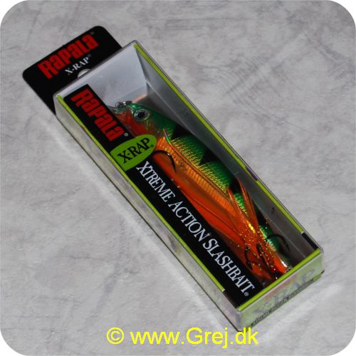 022677192604 - Rapala X-RAP Xtreme Action Slashbait - 10cm - 13 gram - Firetiger - Grøn/orange med sorte tværstreger- Arbejdsdybde: 1.2-1.8m - Har næsten samme vægtfylde som vand - Synker meget langsomt i ferskvand og endnu langsommere i saltvand